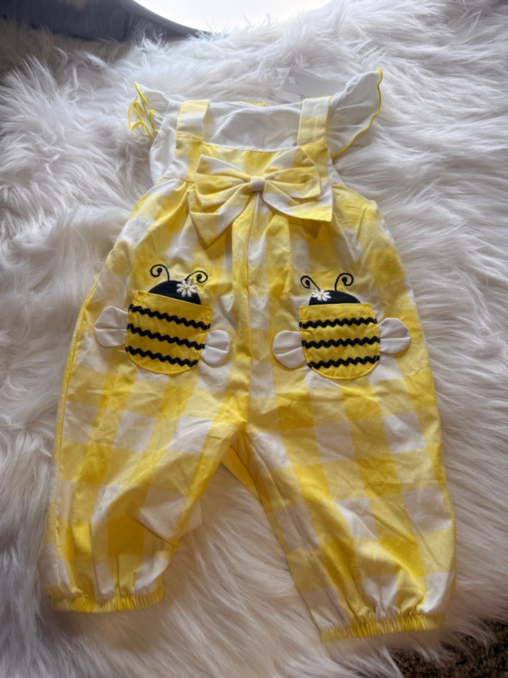 Yellow Gingham Bee Pocket Baby Romper 6 mos